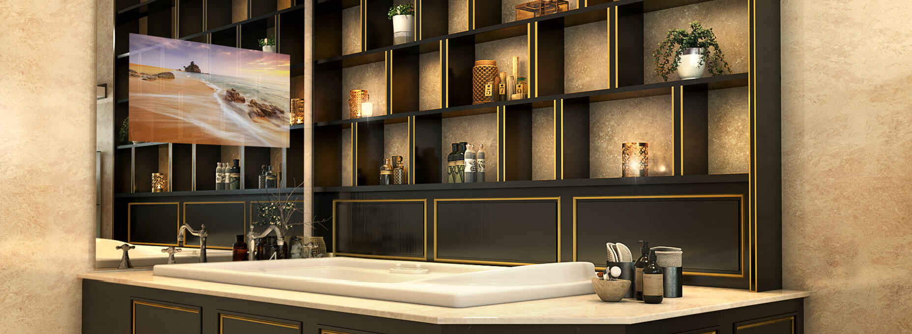 A bathroom full of shelves in black and gold and a tub facing a frameless mirror with its TV showing a beautiful scene of a beach.