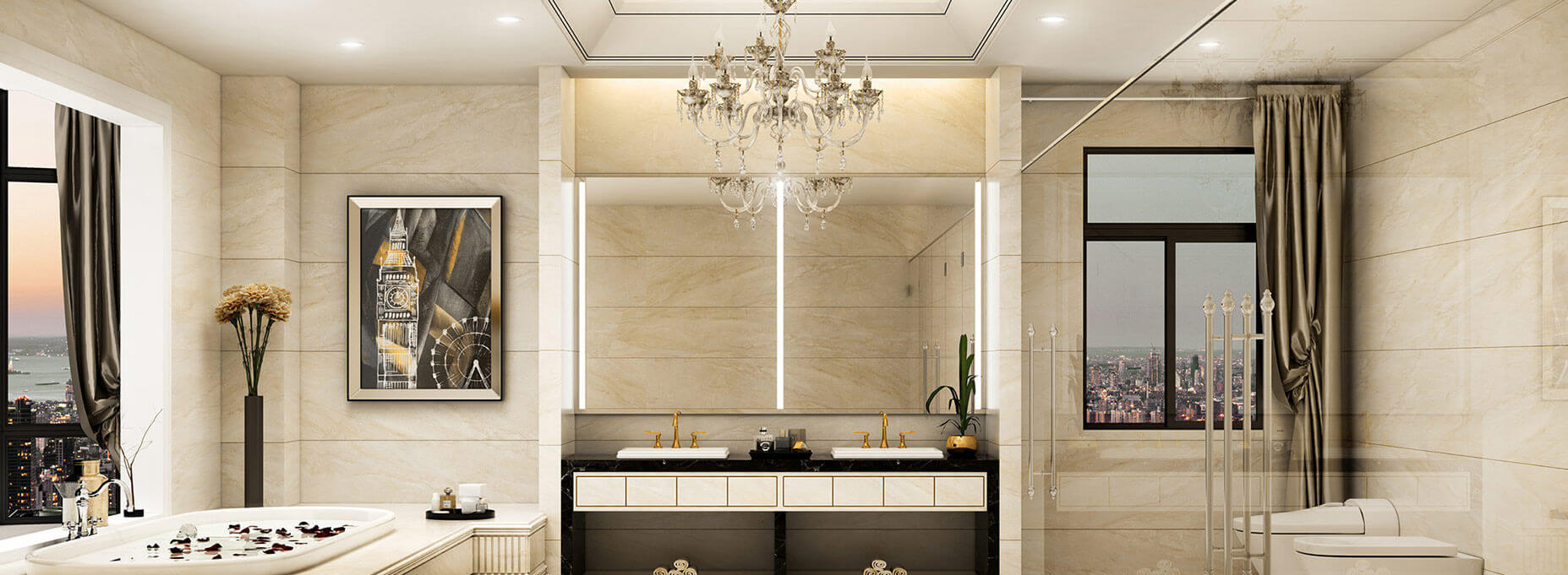 Two lighted mirrors in the center of a bathroom boasting its very sophisticated interior overlooking the city.