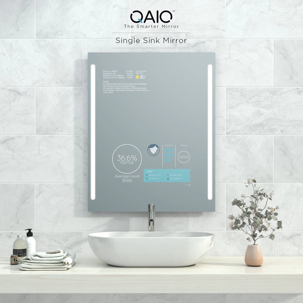 A sleek QAIO Single Sink Smart Mirror TV with dual LED strips, showcased in Canberra.