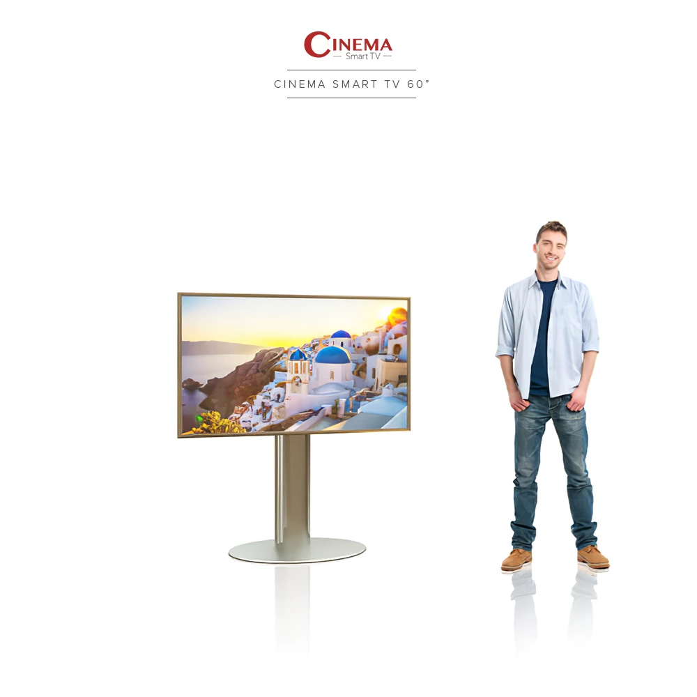 A circular floor stand in Canberra displays a 60-inch Cinema Smart TV, highlights modern technology.