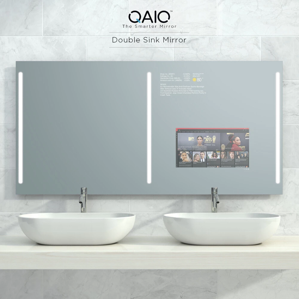 Smart mirror TV with double sinks and three LED strips, perfect for modern bathrooms in Hobart.