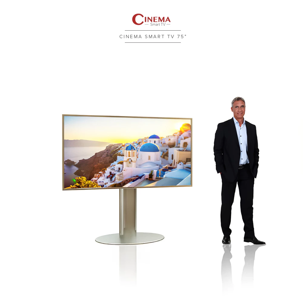 A modern Hobart scene featuring a 75-inch Cinema Smart TV elegantly displayed on oval floor stand.