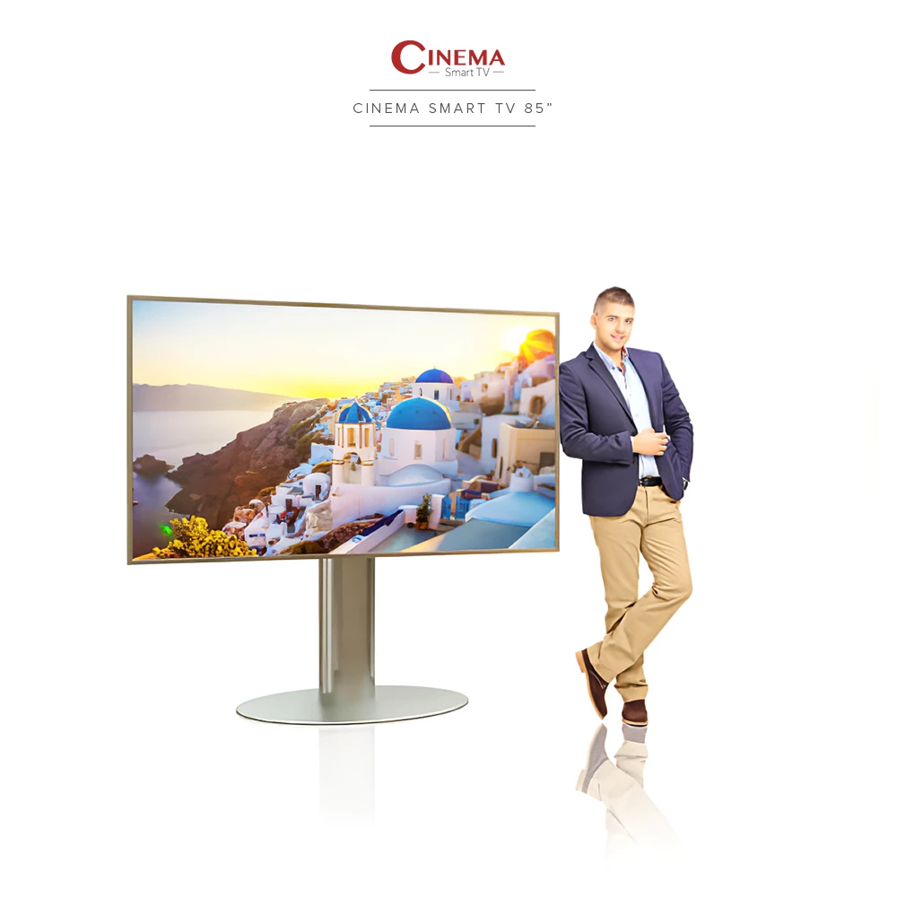 A sleek oval stand with an 85-inch Cinema Smart TV, in Melbourne, has contemporary aesthetics.