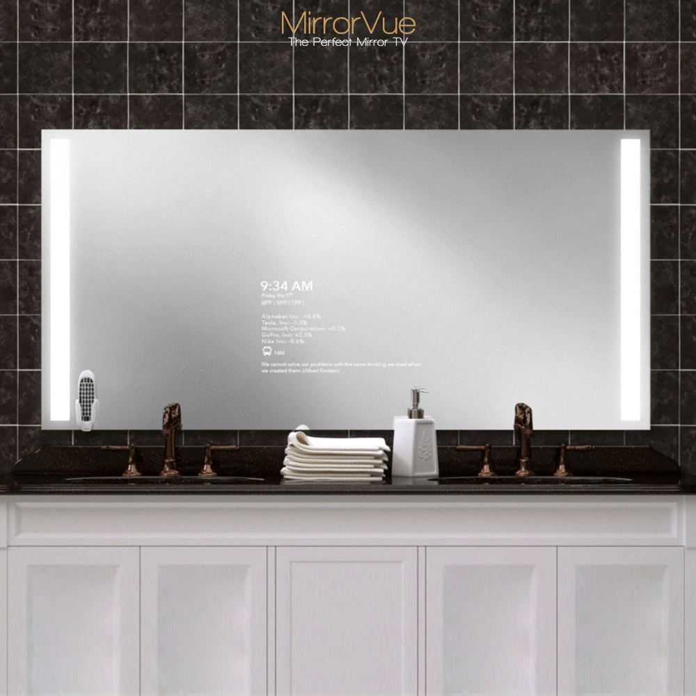 Sophisticated MirrorVue Mirror TV with LED lighting installed in a double sink bathroom in Victoria.