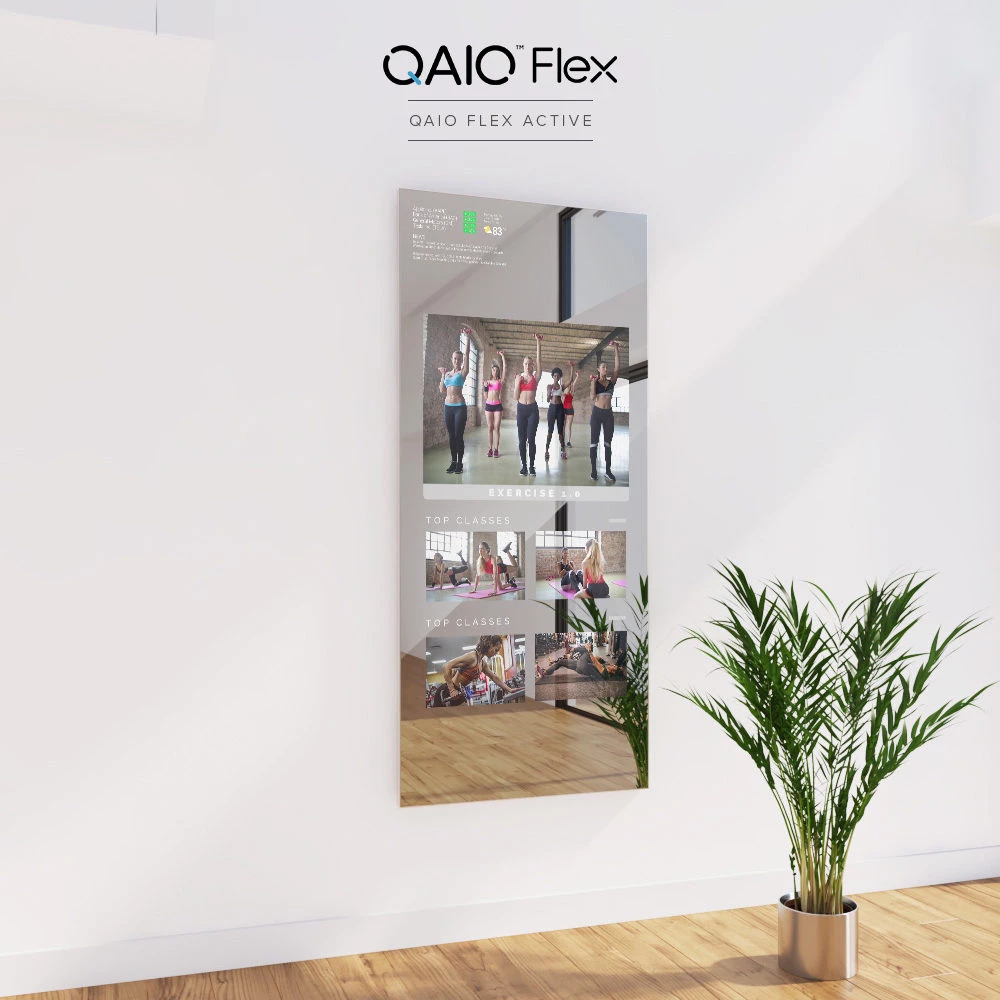 Modern aesthetic in Perth with QAIO Flex Active Fitness Mirror mounted on a smooth wall.