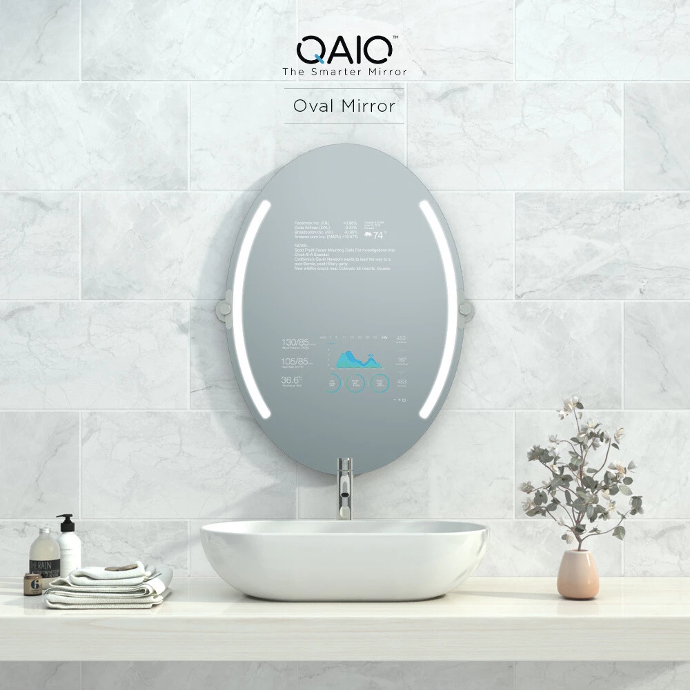 QAIO Oval Smart Mirror TV with two arched LED strips, showcased in a bathroom in Melbourne.