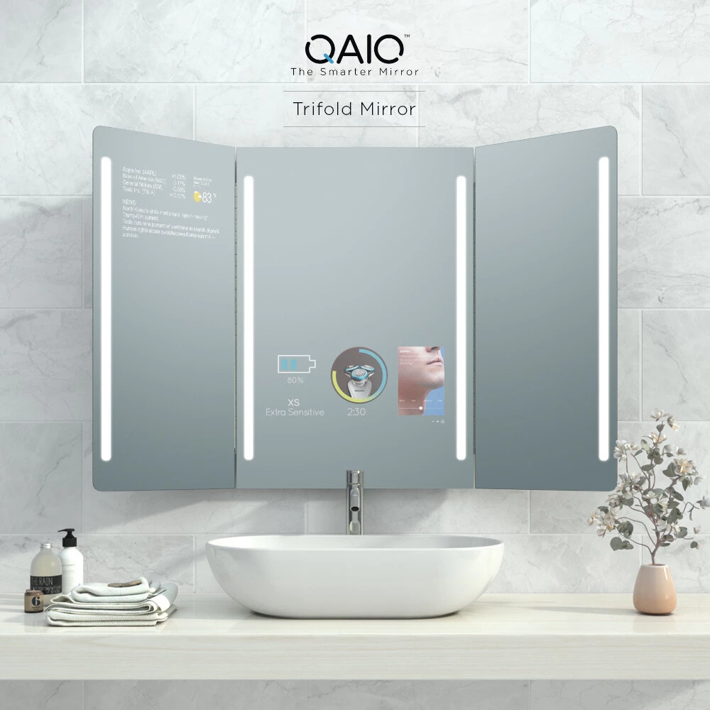 QAIO Trifold Smart Mirror TV with two LED strips in the middle frame and two on the sides in Sydney.