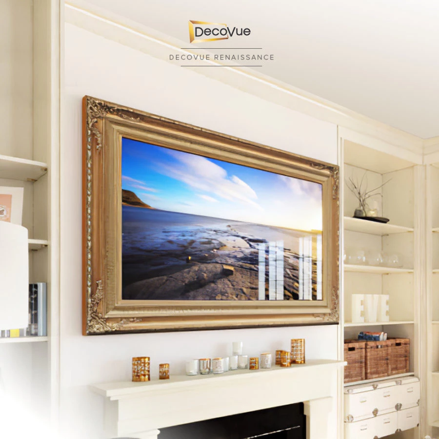 Elegant living room by DecoVue Renaissance in Sydney, showcasing a striking framed mirror TV.