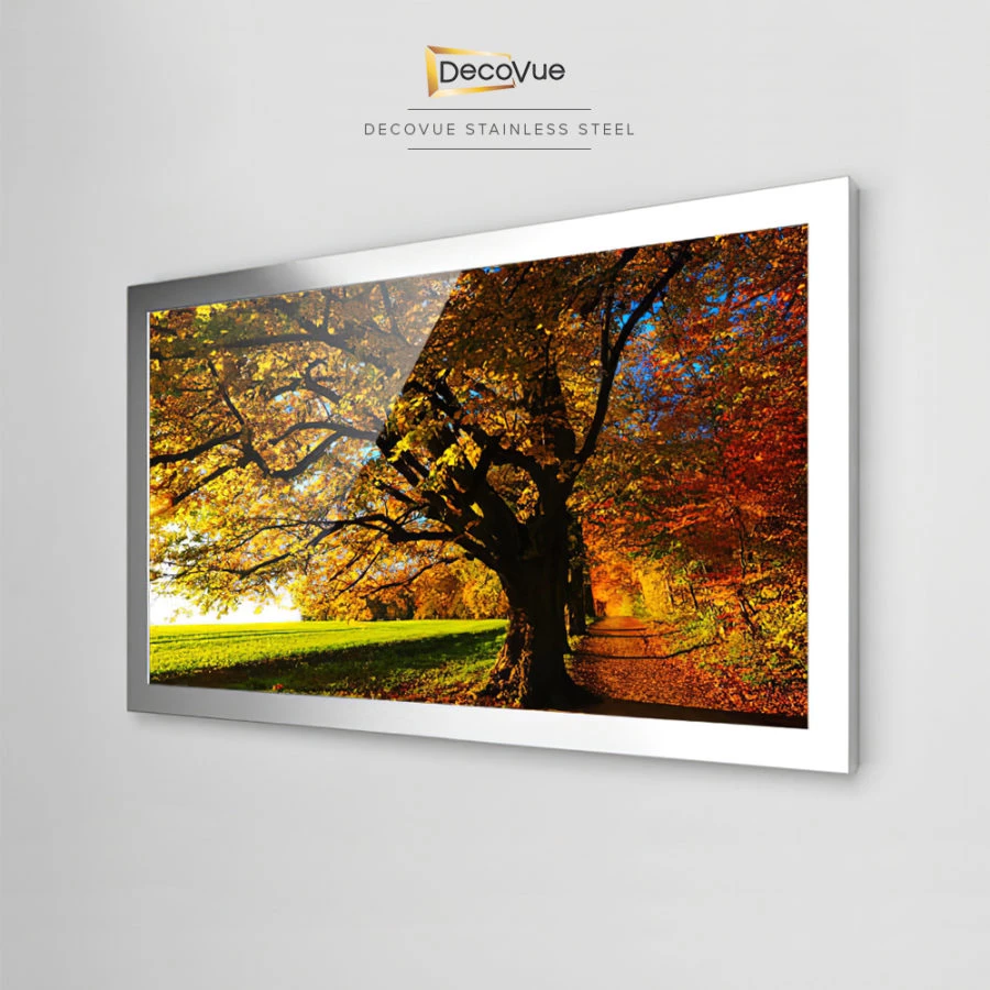 A DecoVue stainless steel framed mirror TV displays the beautiful autumn landscape of Wellington.